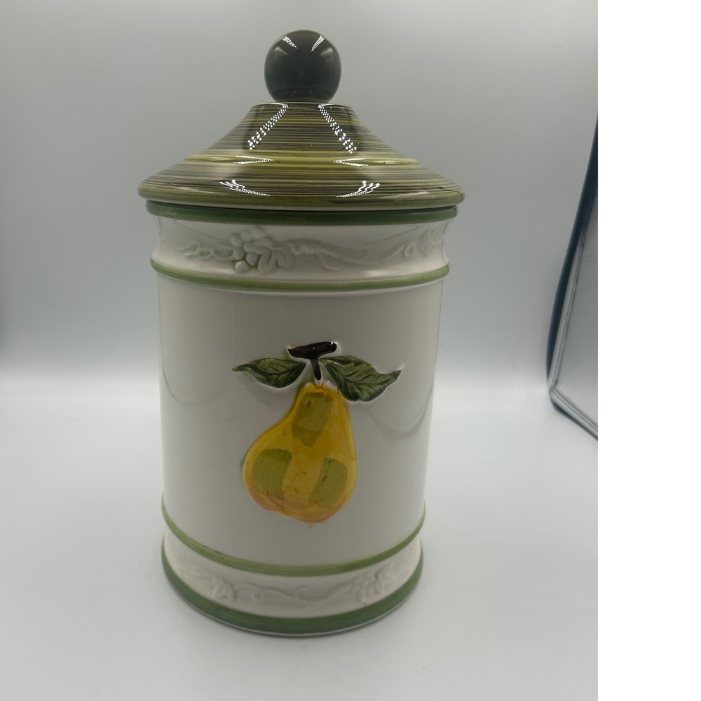 Ceramic Fruit Kitchen Canister with Lid Embossed Apple Pear White Green Trim